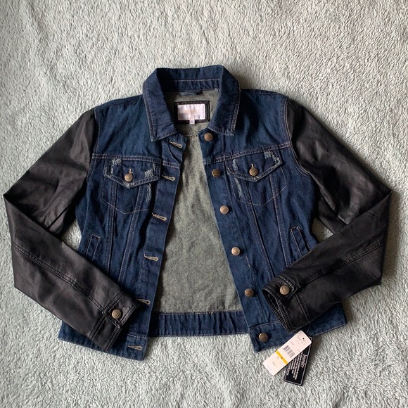 Faux Leather Sleeve Denim Jacket - Picture 2 of 3